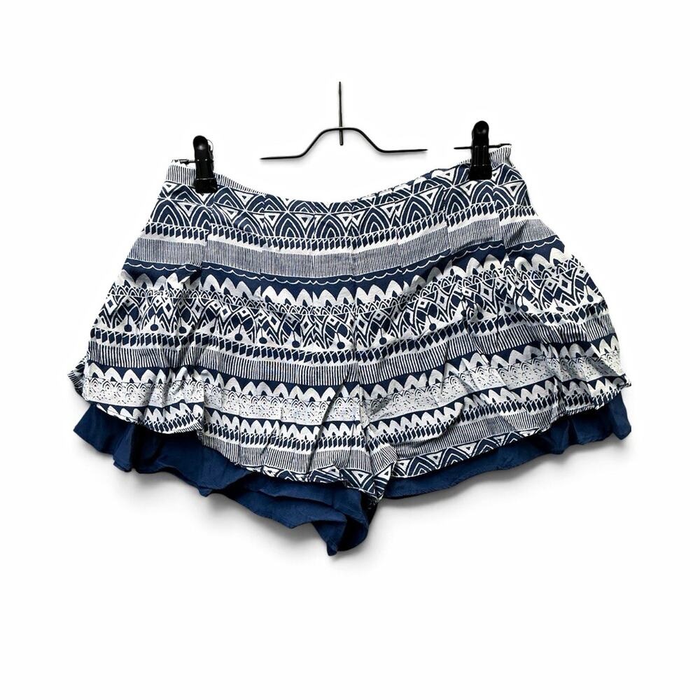 Mudd Womens Skort Size M Blue White Geometric Layered Ruffle Pull On Mid Rise